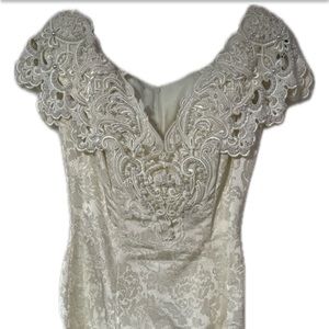 Vintage 1990's Jessica McClintock Beaded Ecru Dress With Lace Overlay Size 8